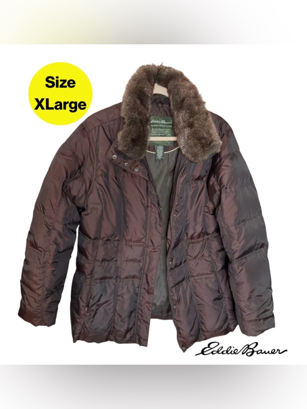 EDDIE BAUER 🤎 Premium Goose Down Jacket, Bronzed Brown, Faux Fur (Size X-Large)